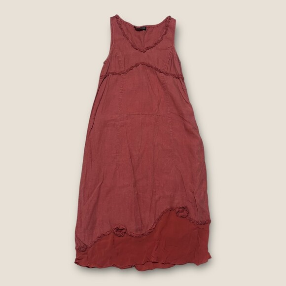 Solid V-Neck Maxi Dress Ruffled Trim Floral Hem Size 36 Boho Linen Casual - Picture 1 of 6